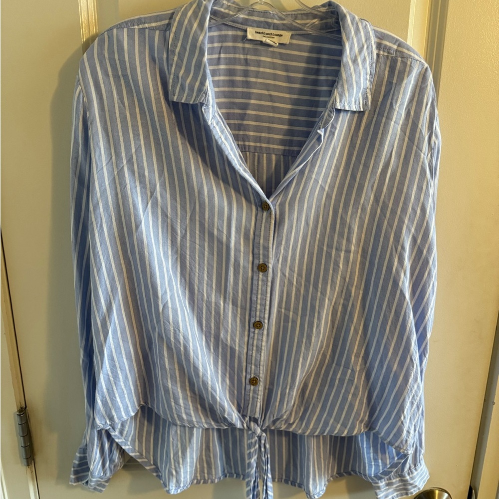 beachlunchlounge Light Blue and White Striped Button-Down Shirt
